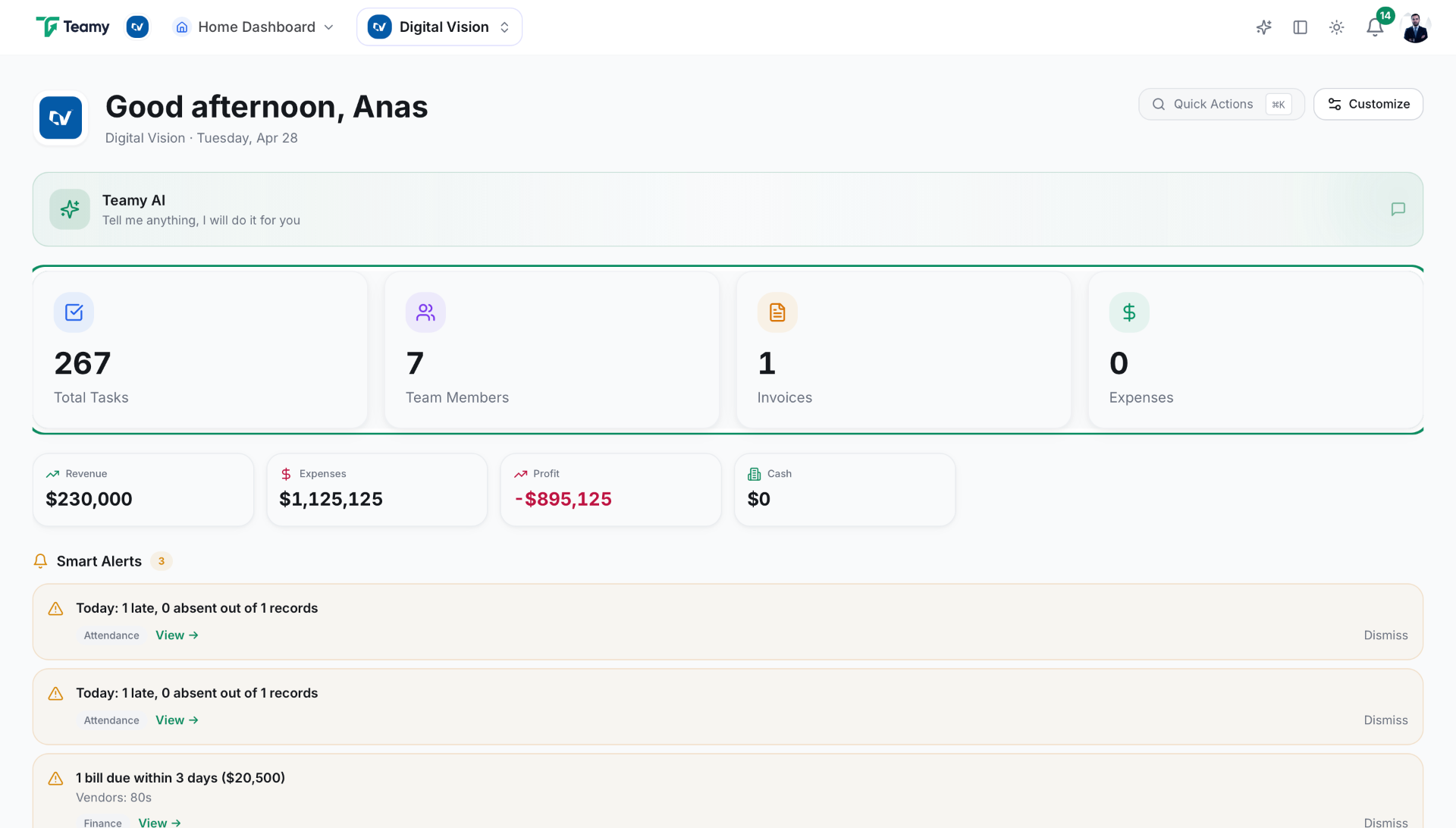 Teamy — platform dashboard shown in a browser